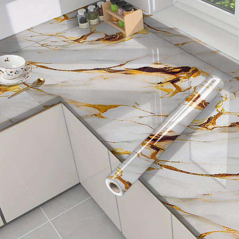Self-Adhesive Gold Foil Marble Wallpaper Peel & Stick, Waterproof Oil-Proof Kitchen Backsplash Countertop Sticker, 5-Layer PET Wall Decal for Furnitur