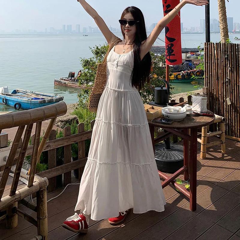Pastoral Style Pink Long Dress for Women 2025 Summer Beach Spaghetti Strap Dresses Woman Vacation Sleeveless A Line Sundress