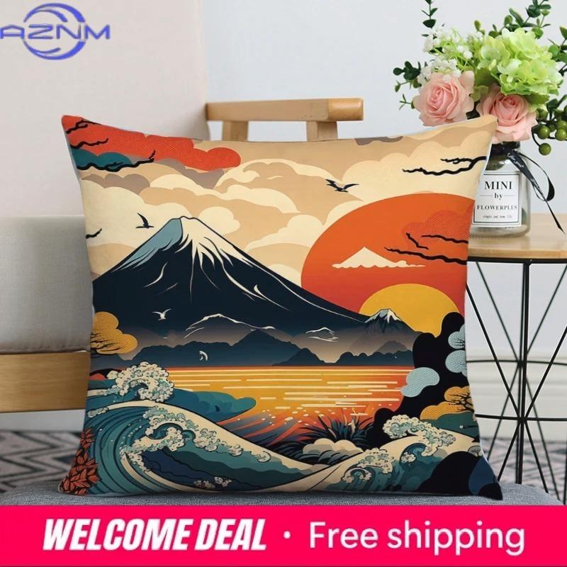 Home Decor Japanese Style Fujiyama And Wave Pillow Covers Pattern Cushion Cover Suitable For Sofa Bedroom Car Pillow Cover
