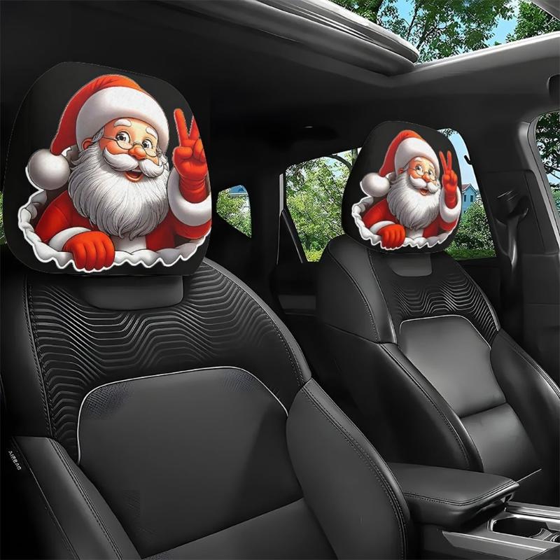 Festive Vehicle Headrest Accent Covers, Santa Christmas Slip-On Polyester Set for Winter Driving and Car Styling