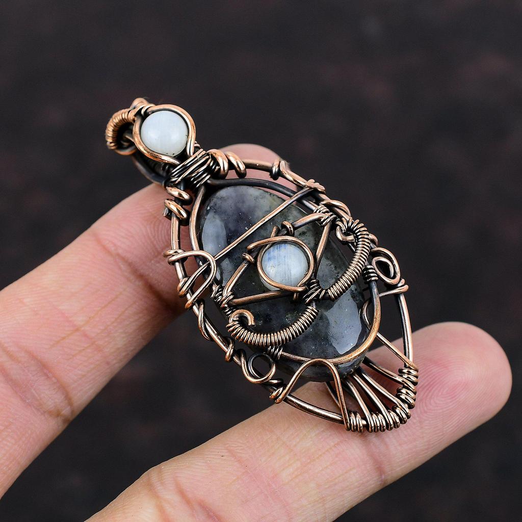 Evil Eye Iolite Sunstone Pendant Copper Wire Wrapped Pendant Rainbow Moonstone Pendant Beautiful Gemstone Jewelry Handmade Pendant For Gift