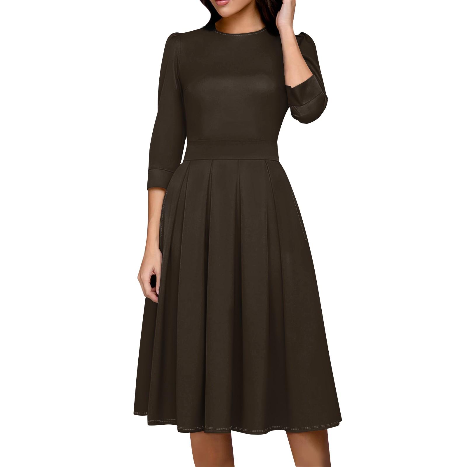 

Women s Casual And Fashionable 3/4 Sleeve Pocket With Back Zipper Dress S коричневый
