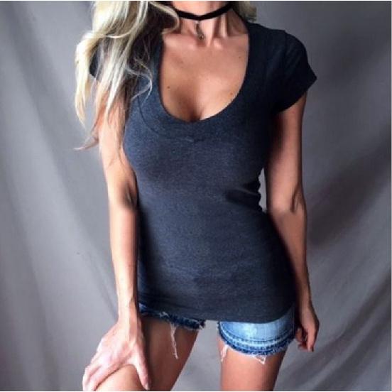 Jaro Léto Podzim Jednobarevné Krátký rukáv Výstřih do V Jednoduché Tričko Slim Fit Sexy Temperament Módní Top Dámské Oblečení