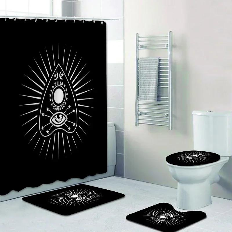 Funny Dancing Skeleton Magic Ouija Board Bathroom Shower Curtain Set Black Skull Bath Mats Rugs Witchy Halloween Home Decor
