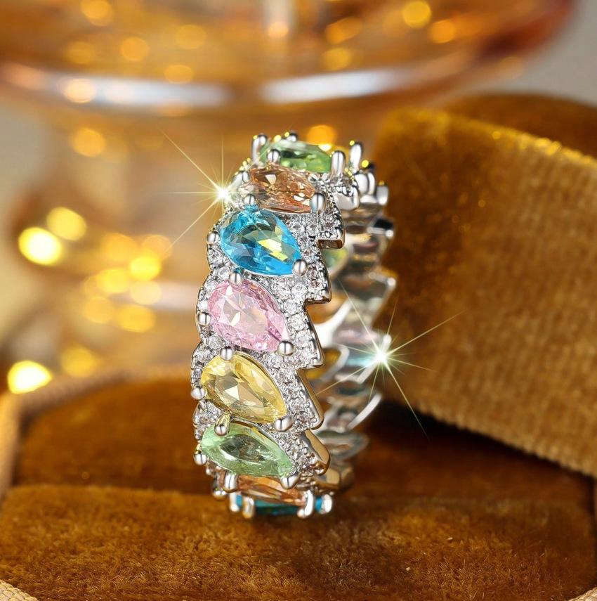Rainbow Oval Cubic Zirconia Rings for Women Gold Color Luxury Colorful Wedding Band Accessories Statement Jewelry Gift