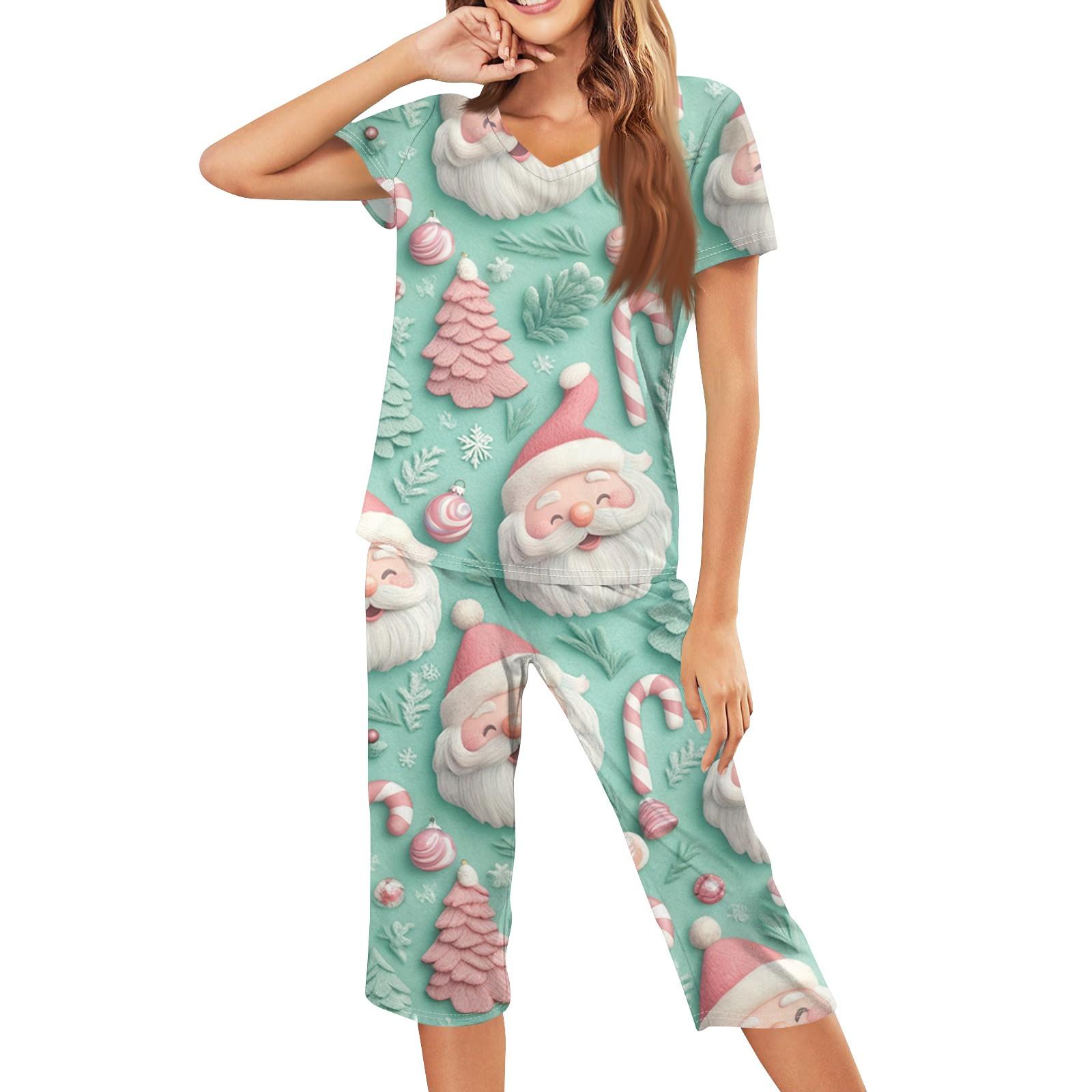 

Женская повседневная спортивная пижама с коротким рукавом и укороченными брюками с рождественским принтом L