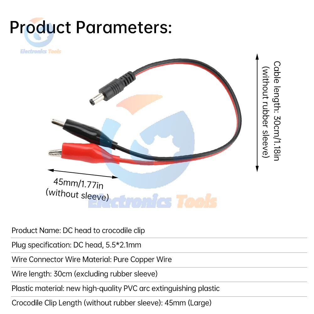 5.5MM 2.1MM Alligator Clip DC Power Male Female Test Lead Cable Connector To Male Alligator Clip Wire Connector 25CM 30CM