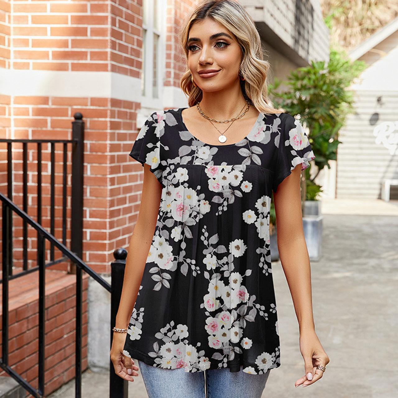 

HNXC Жіночі модні повсякденні літні блузки та сорочки з квітковим принтом з короткими рукавами та круглим вирізом XXL білий