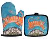 Blue Cat Pattern Microwave Glove Cute Baking Gloves and Mat Polyester Oven Mitt Insulation Potholder Kitchen Tools Accessories