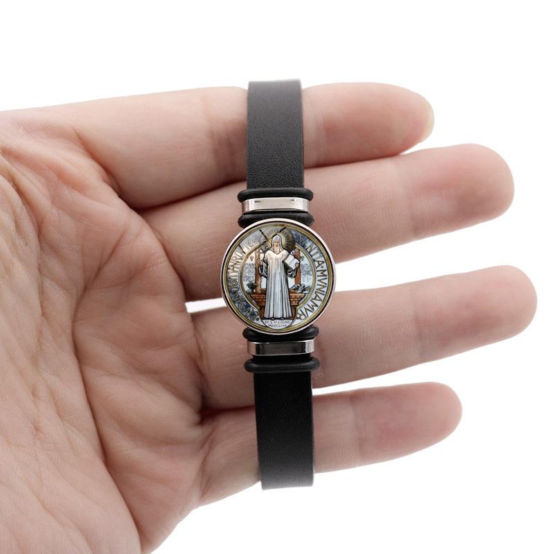 Benedict Saint Elegant Medal Adjustable Bracelet Stylish Black Leather Jewelry Gift Unisex