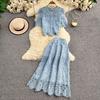 women's Elegant Lace Embroidery 2 Piece Outfit Short Sleeve Top High Waist Midi Skirt Set
