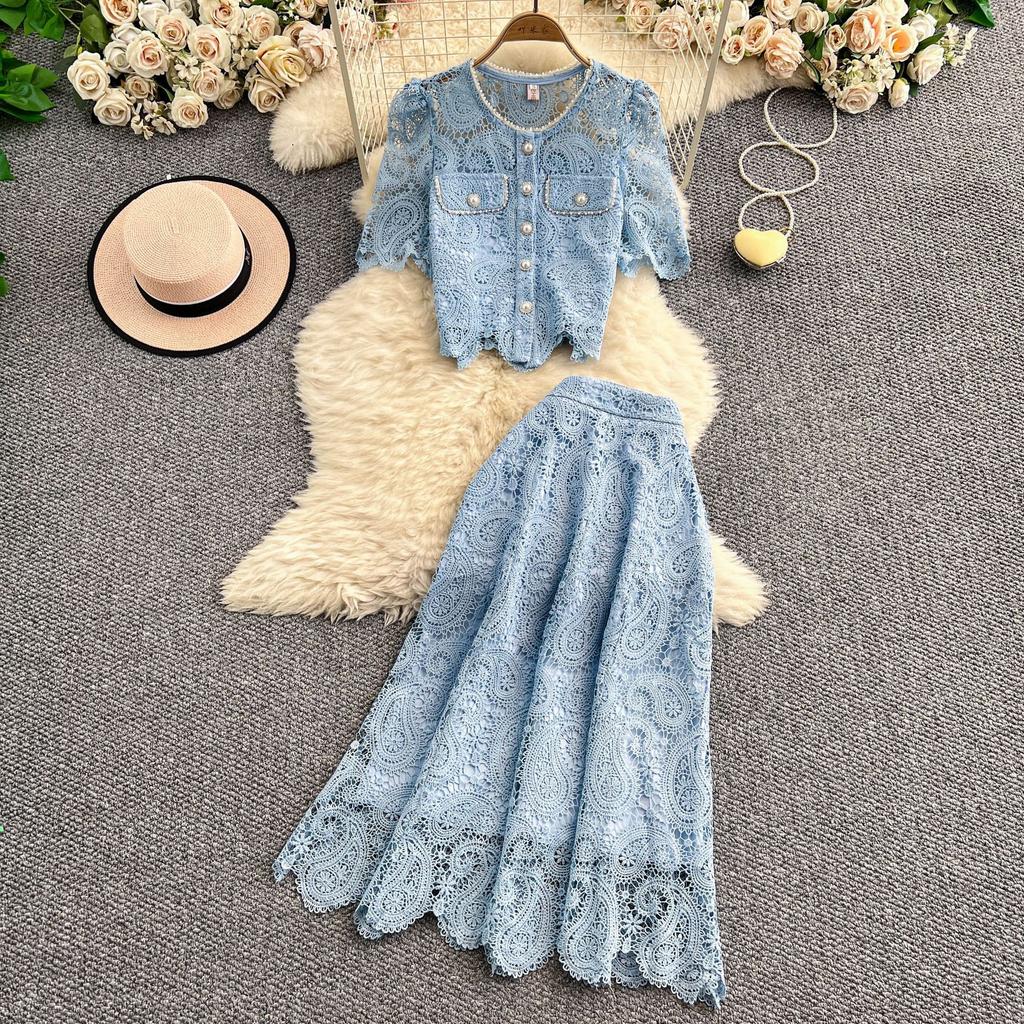 women's Elegant Lace Embroidery 2 Piece Outfit Short Sleeve Top High Waist Midi Skirt Set