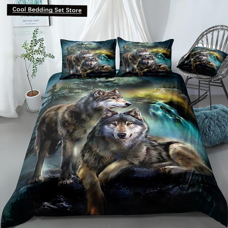 Bettwäscheset mit Weißwolf-Muster Tier Bettbezug Queen King Full Size Bettwäscheset Herren Weiche Polyester Bettdeckenbezug Schwarz Grau
