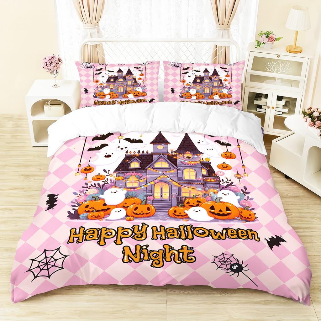 3-piece Halloween Pink Ghost, Castle Pattern, 1 Quilt Cover+2 Pillowcases, Coreless, Soft and Comfortable Duvet Cover Set