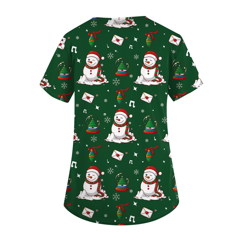Women's Fashion Short Sleeve Christmas Print V-Neck Pocket Workwear Tops