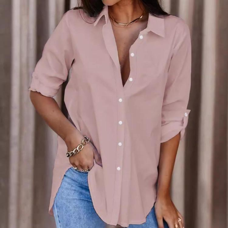 Women Plus Size Medium Long Shirts Solid Minimalist Versatile Blouse