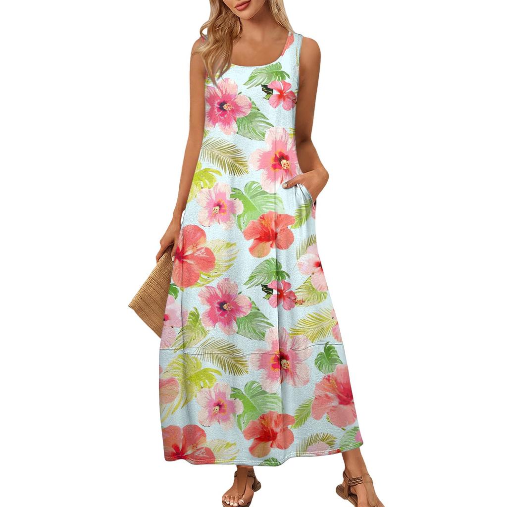 Damen Sommer Mode Rundhals Ärmellos Strandkleid Kleider mit Blumendruck