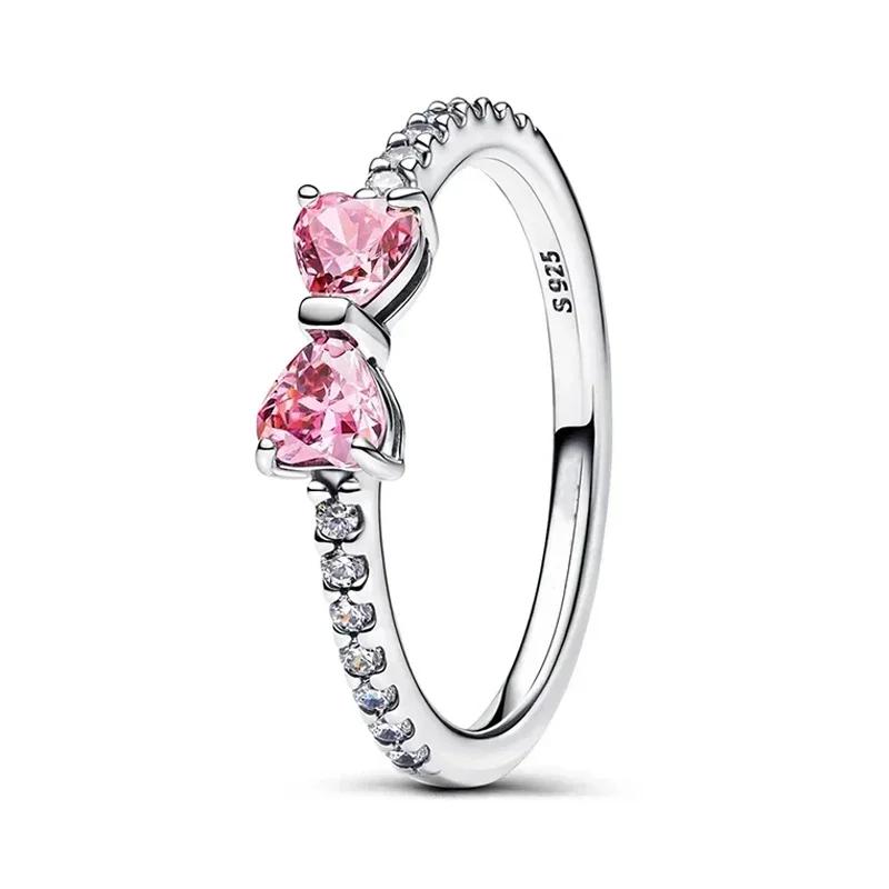 925 Silver Pink Bow Jewelry Set Ring Earrings Bracelet Necklace for Women Birthday Gift
