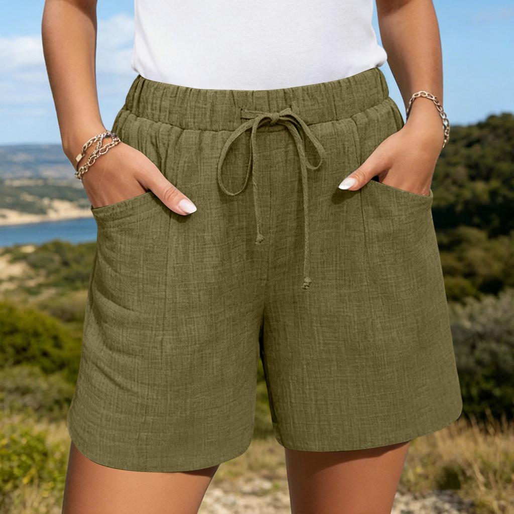 Women's Casual Linen Shorts Elastic Waisted Drawstring Summer Shorts With Pockets