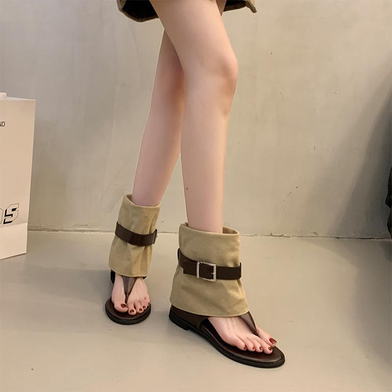 2025 summer new cool boots women's pants tube short boots heel toe belt buckle slope holiday wind pinch foot Roman sandals women