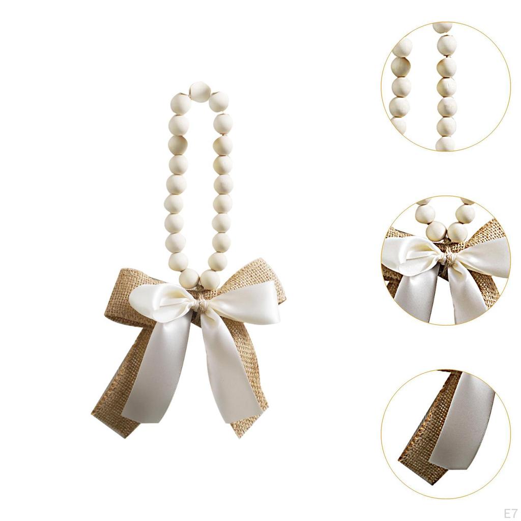 Wood Bead Pendant Home Decor Farmhouse Decorative with Linen Bow Hanging Ornament for Room