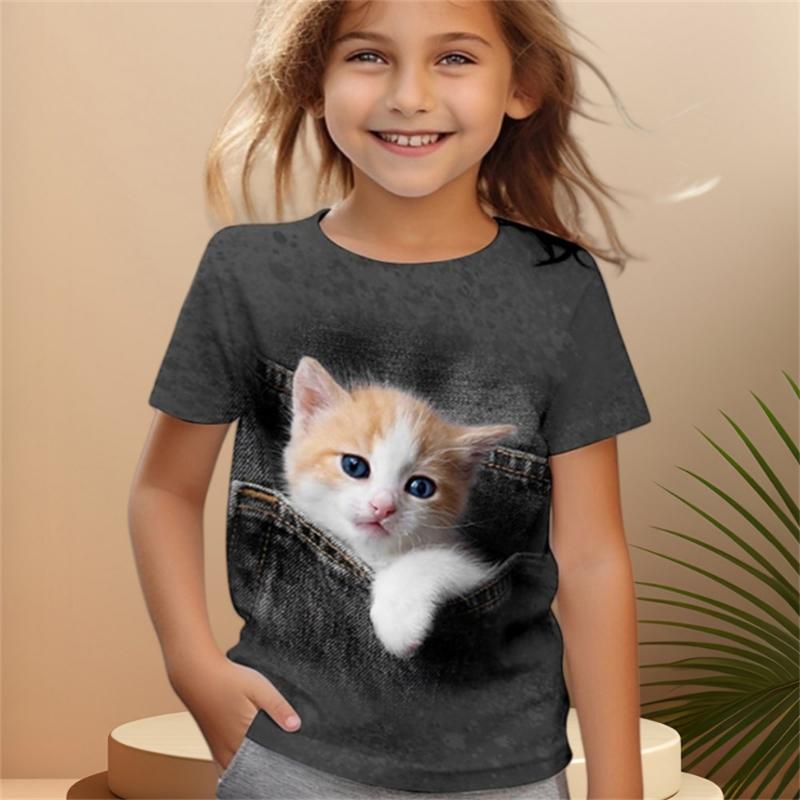 

2024 Girl Clothes Short Sleeve Children s Clothing 2 to 8 Years One Piece Cat Graphic T Shirts Kawaii Tops Boys Summer Clothes 160