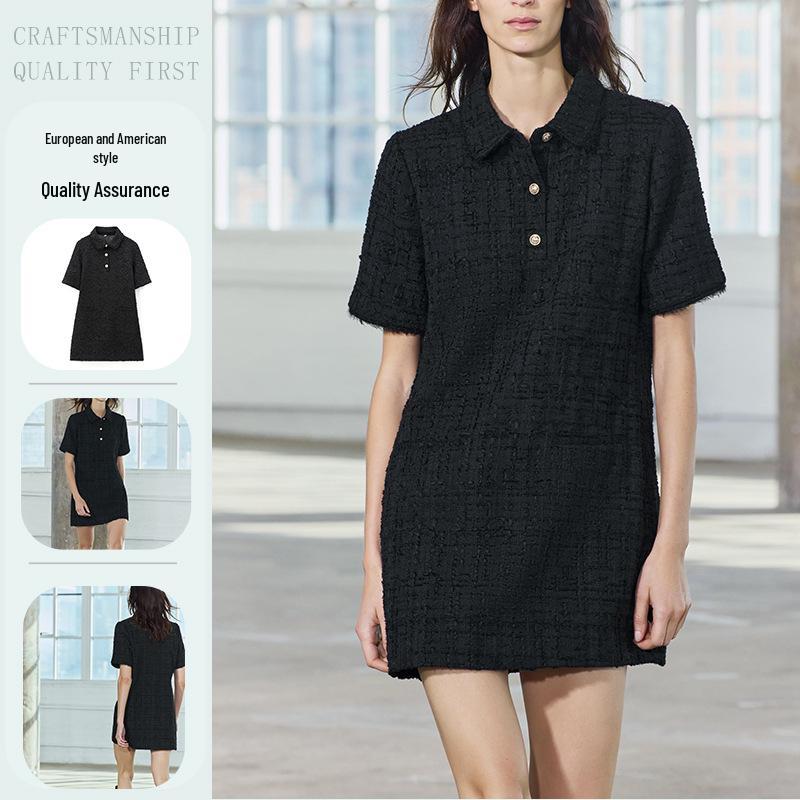 2024 Fall/Winter European & American Women's Textured Short Sleeve Shirt Dress with Turn-Down Collar