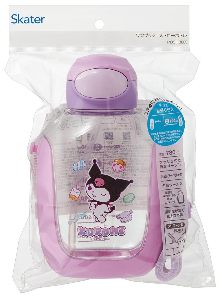 Skater Straw Water Bottle with Shoulder Sanrio Kuromi and Mashu Gummy PDSH8DX One-Push Strap, 780ml,