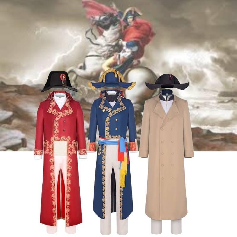 2023 Napoleon Cosplay Costume Retro Medieval Court Vintage Polyester Red Coat Hat For Halloween