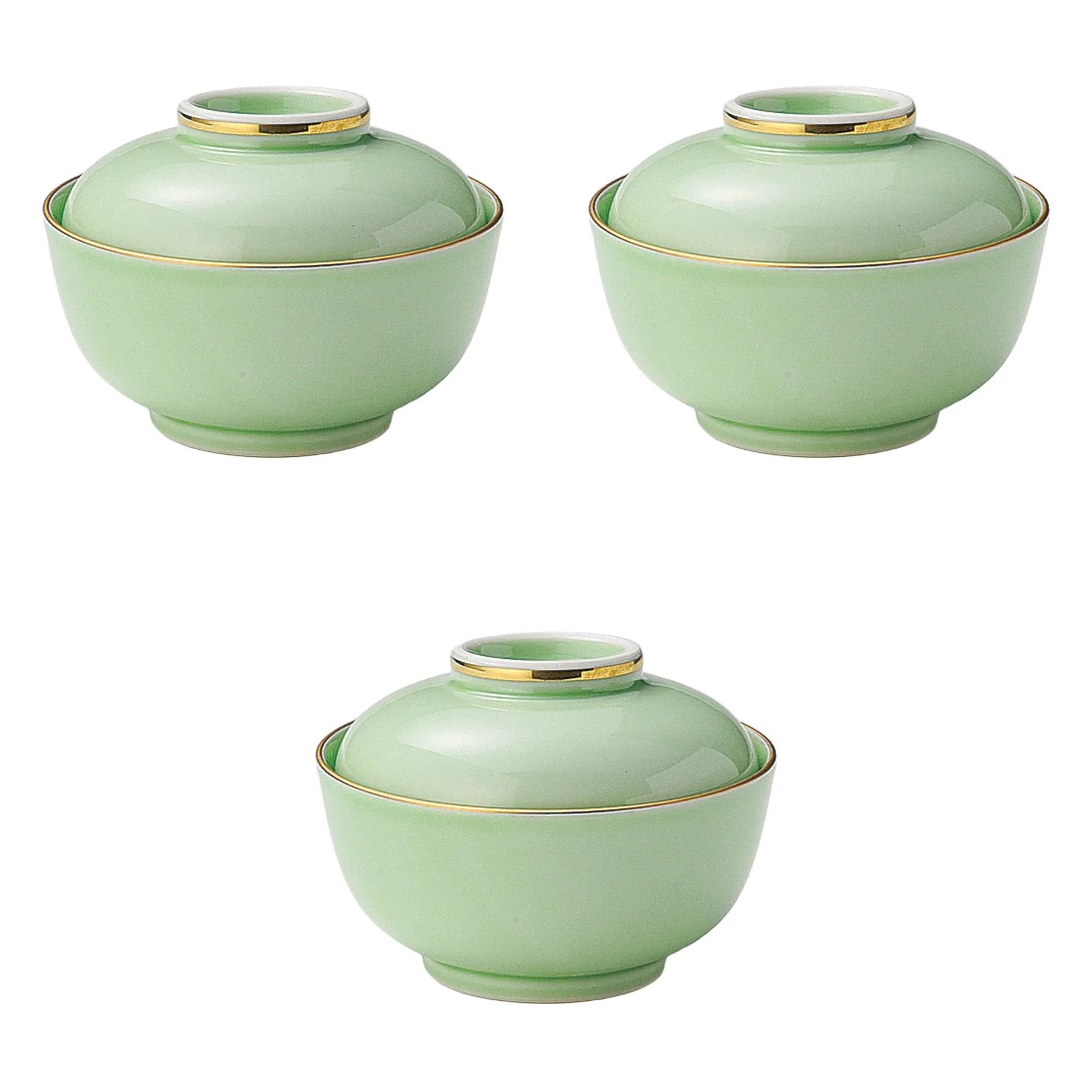 

Набор из 3 маленьких зеленых глазурованных блюд с крышками x Плоское блюдо с крышкой Арита Сэтомонохонпо с золотой каймой [11,5 8,5 см], Посуда, зелёный