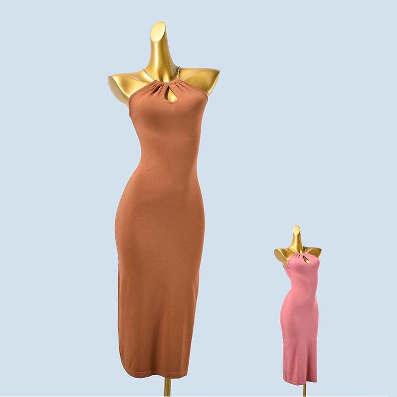 Sexy Sweet and Spicy Pleating Hanging Neck Metal Chain Backless Solid Sleeveless Knitted Ice Silk Vest Dress Summer