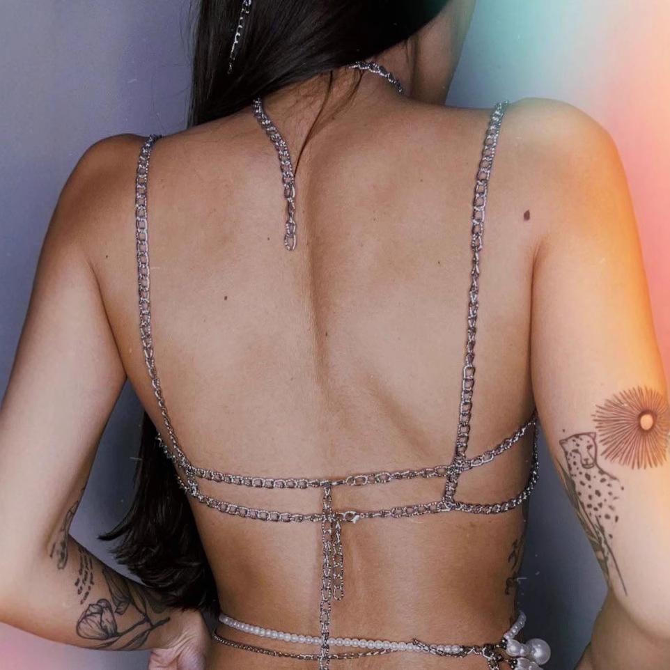 Q5119Y European/American Sexy Metal & Pearl Chain Halter Vest Top with Body & Waist Chain