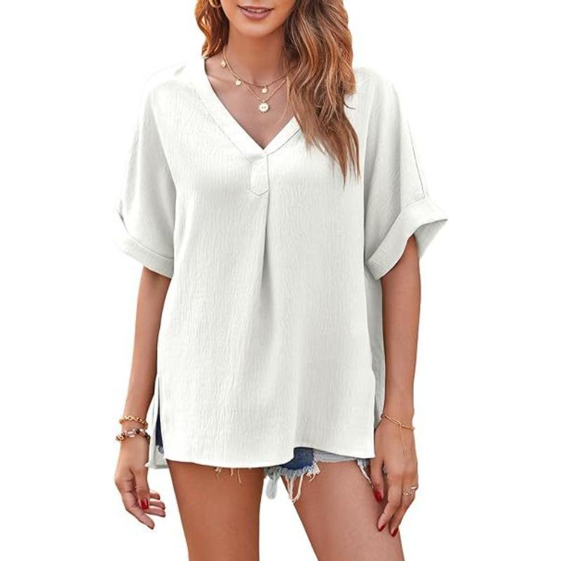 

Spring and Summer Solid Color V-neck Short sleeved Loose Top Women s T-shirts S белый