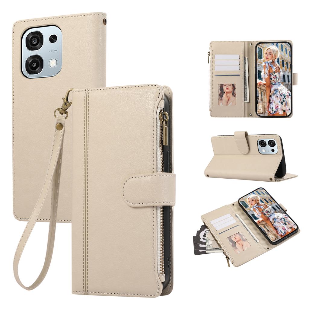 Etui do Oppo A6 Pro 5G z wieloma przegródkami na karty, zapinane na zamek, skórzane etui na telefon z paskiem na nadgarstek