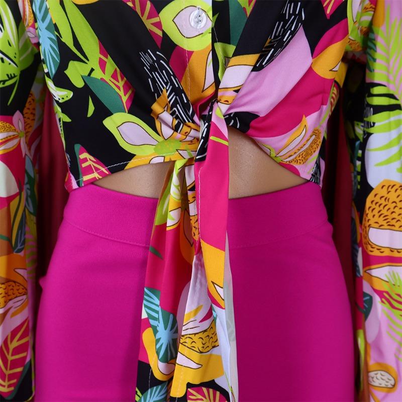 Women Floral Printed Turn Down Collar Long Sleeve Shirt Wide Leg Pants Two Piece Set