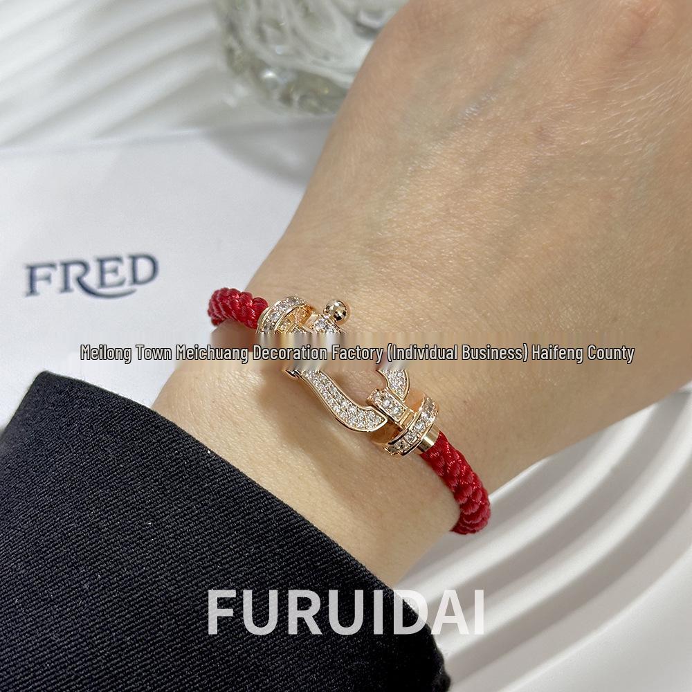 Bracciale Fred Placcato Oro 18k con Ferro di Cavallo Diamantato Zodiaco Corda Rossa - Unisex Stile Fai da Te a Forma di 8