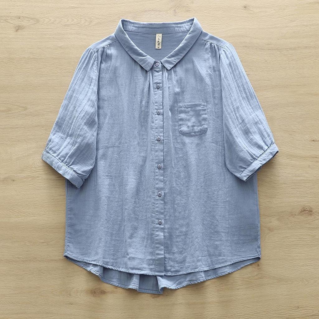 Pure Cotton Women's Lapel Pleated Blouse - Solid Color, Long Sleeve, Double Layer Yarn, Spring/Autumn.