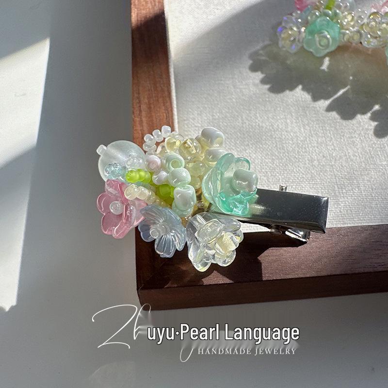 2026 Summer Colorful Beaded Hair Clip for Girls, Cream Bud Duckbill & Side Clip