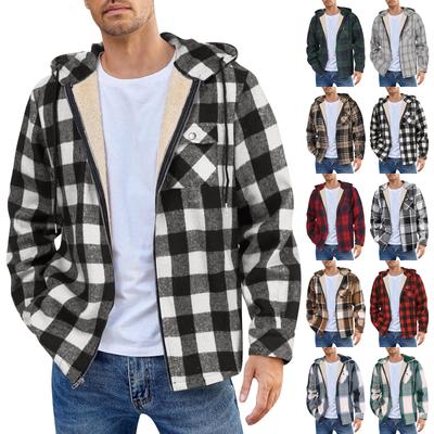 Men's Quilted Lined Button Down Plaid Shirt Add Velvet To Keep Warm Jacket With Hood