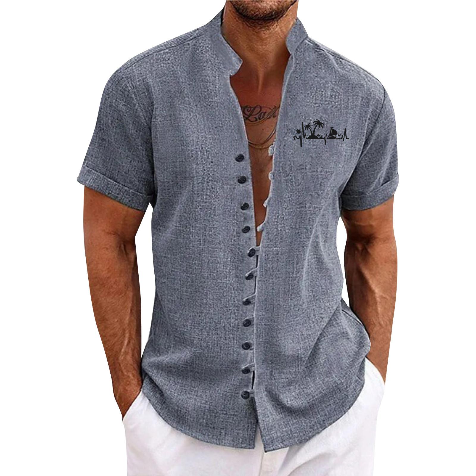 

Мужская ретро повседневная свободная рубашка с короткими рукавами и принтом, модный топ с воротником-стойкой XXXL серый