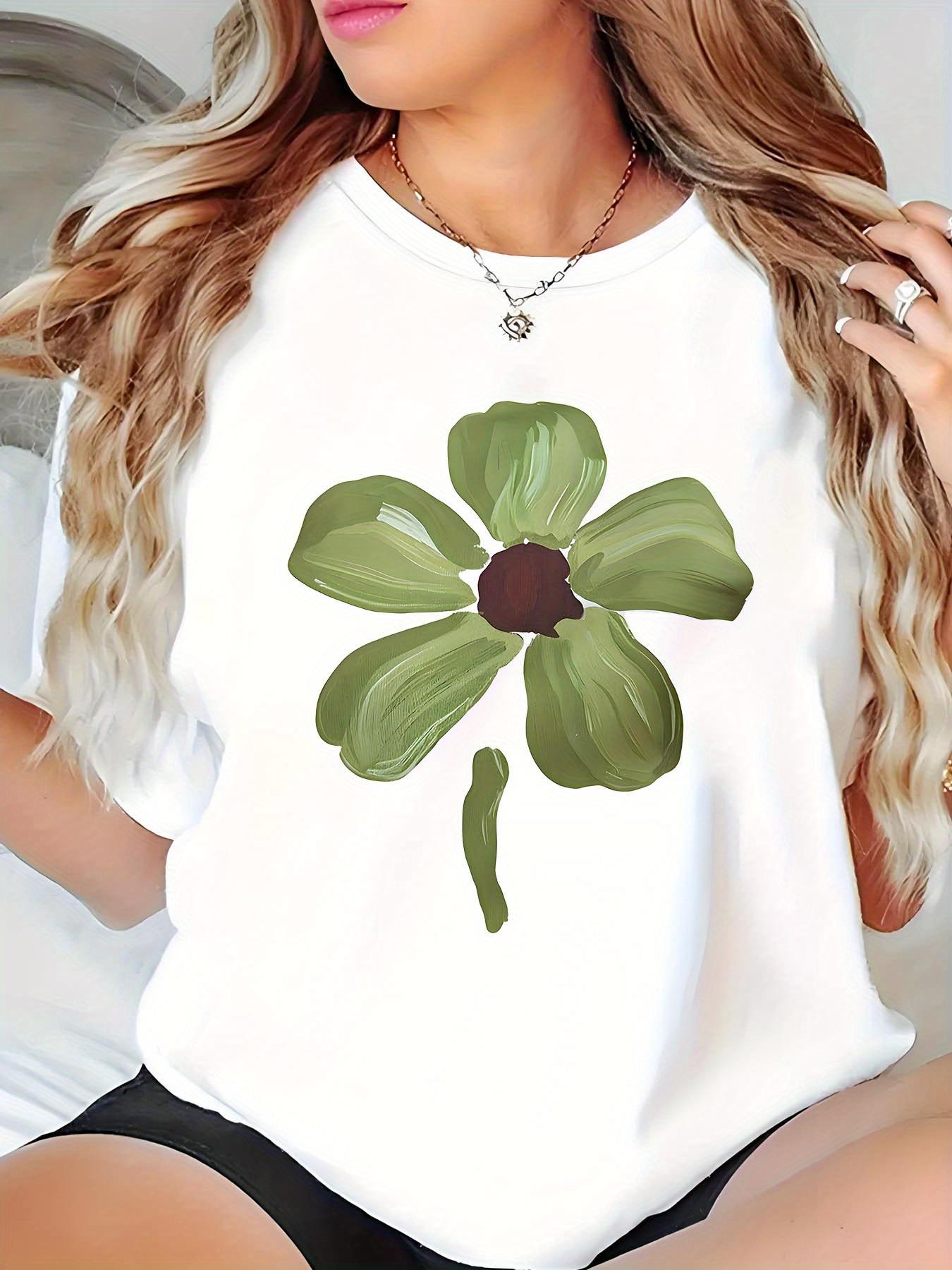 

Womens Casual Fit TShirt White with Green Geometric Floral Print Harajuku Short Sleeve Casual Clothing Street Aesthetic Clothes S