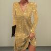 Women Dress V Neck Long Sleeve Shiny Sequin Loose A-line Solid Color Soft Breathable Pullover Elastic Above Knee Length Party Club Mini Dress
