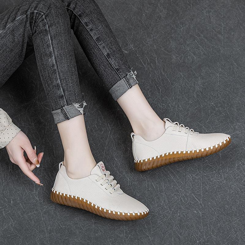 Top layer cowhide sewn bag shoes, soft soled soft top casual shoes for women, easy to wear on one foot, retro mom single shoes