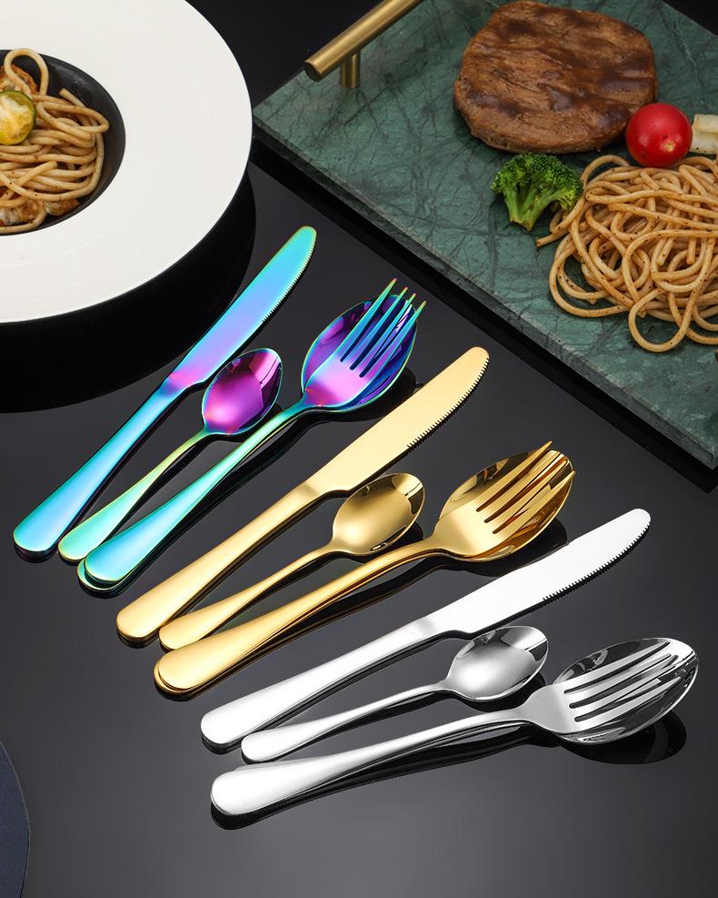 24-Piece Titanium Gold Stainless Steel Cutlery Set with Western Steak Knife, Fork, Spoon, and Laser Logo - Gift Pack.