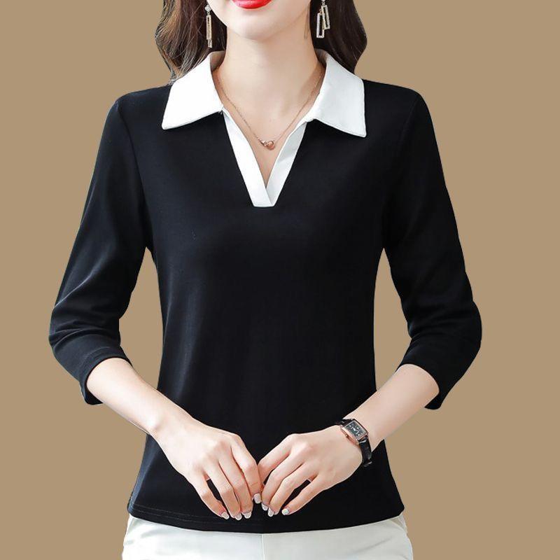 Korean Style Polo Collar Long Sleeve T Shirt Women Spring Autumn Fashion Mom Wear Casual Top