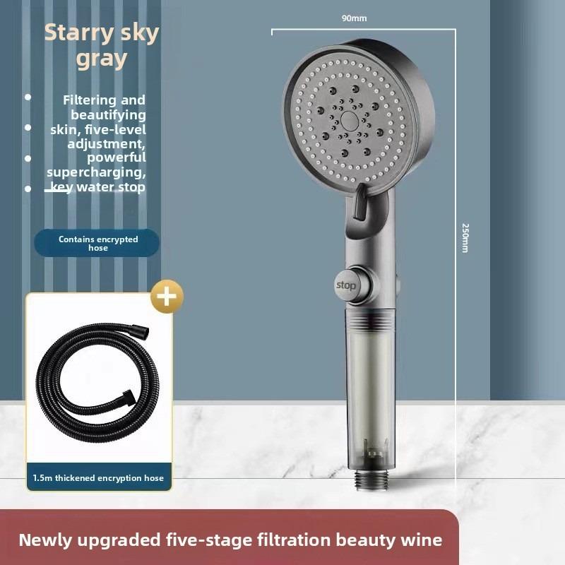 Black Five-speed Water-stop Multi-functional Bathroom Showerhead Set, Black Household, Large Water Output, Hot Water Pressurization