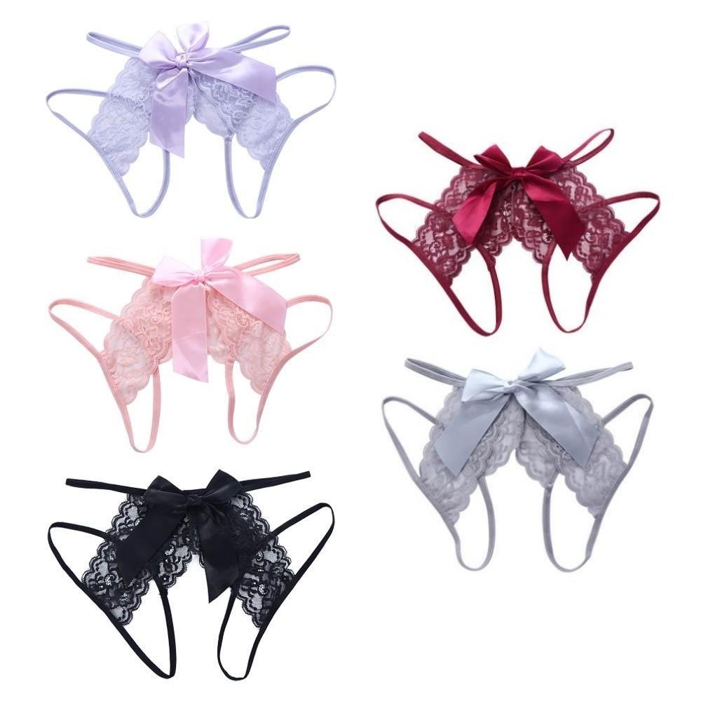 Bow Open Crotch Briefs Floral Embroidery Sheer Mesh Panties Fashion Lace Briefs  Ladies Girls