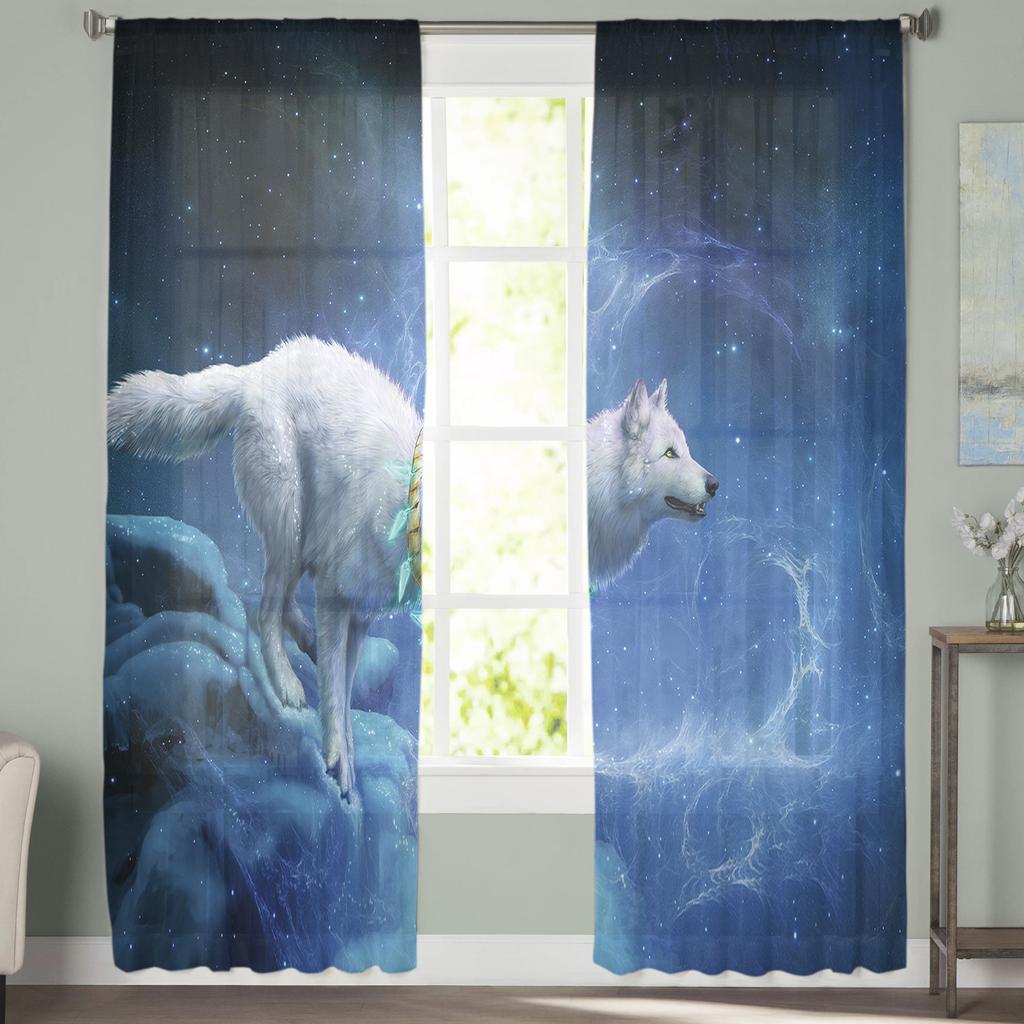 Fullmåne och Varg Tyllgardiner för Vardagsrum Tryckt Skir Voilegardin Sovrum Fönsterskärmning Draperier Persienner Heminredning