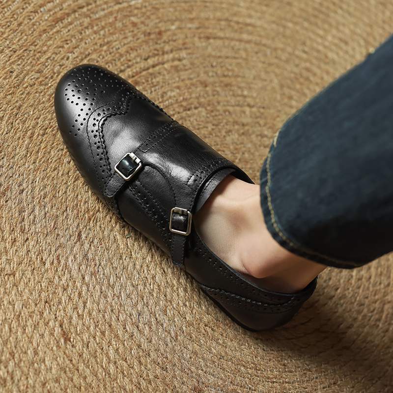 Krazing Pot Cow Skin Fashion Spring Autumn Low Heels metal buckle Oxford Shoes Women Round Toe Leisure Brogues flats