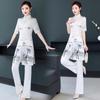 Spring/Summer Retro Ink Print Cheongsam & Trousers Zen Tea Suit - National Style Beauty Salon Workwear.